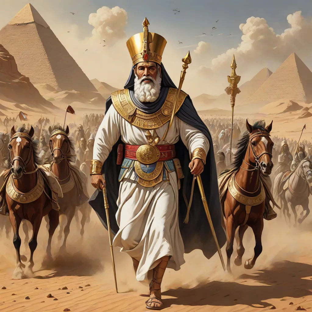 a painting of a man leading a group of horses in the desert with pyramids in the background and a man in a golden hat, Altoon Sultan, fantasy art, egyptian art, epic fantasy character art