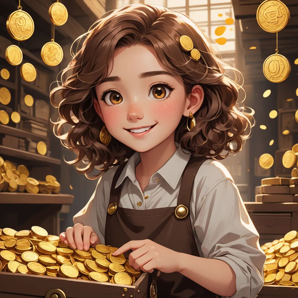 a girl holding a chest of gold coins in a shop with a window in the background and a bunch of gold coins hanging from the ceiling, fantasy art, a character portrait, Artgerm, rossdraws global illumination