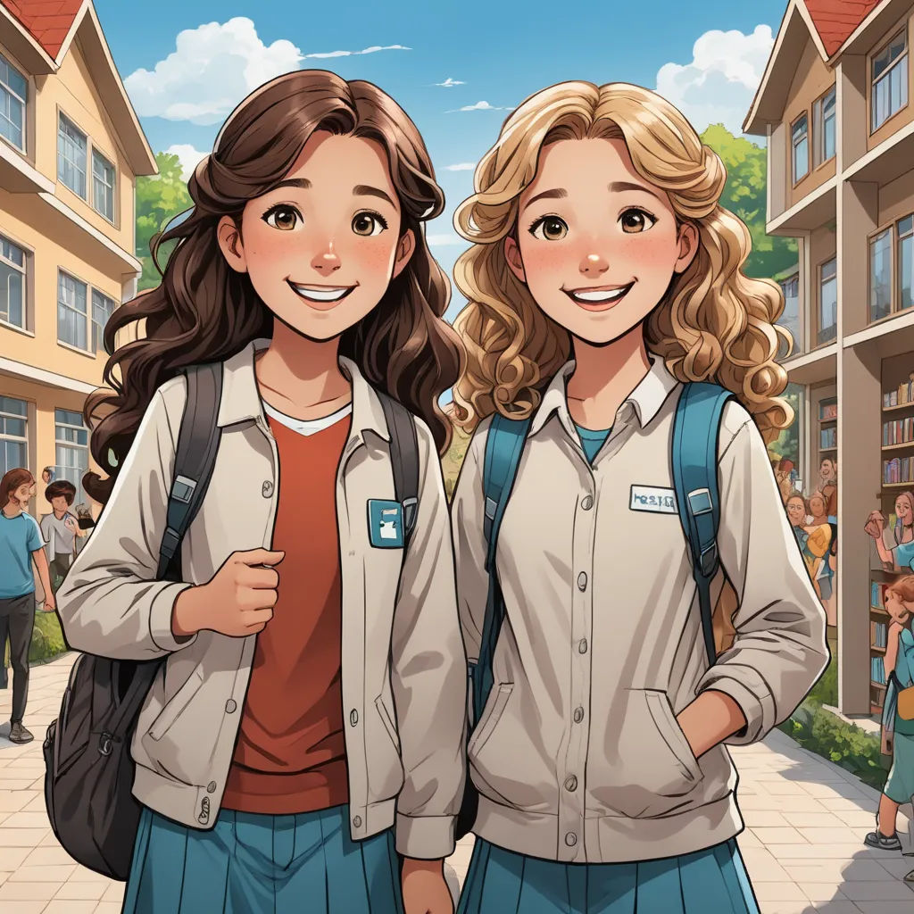 two girls standing next to each other in front of a building with a crowd of people behind them and a cartoon of them, serial art, a storybook illustration, Ada Gladys Killins, official art