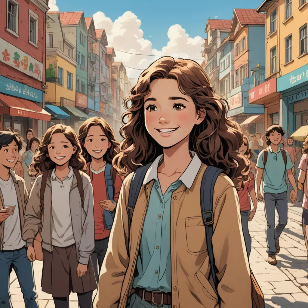 a cartoon of a woman standing in front of a crowd of people on a city street with buildings in the background, art & language, a comic book panel, Chen Hong, cushart krenz