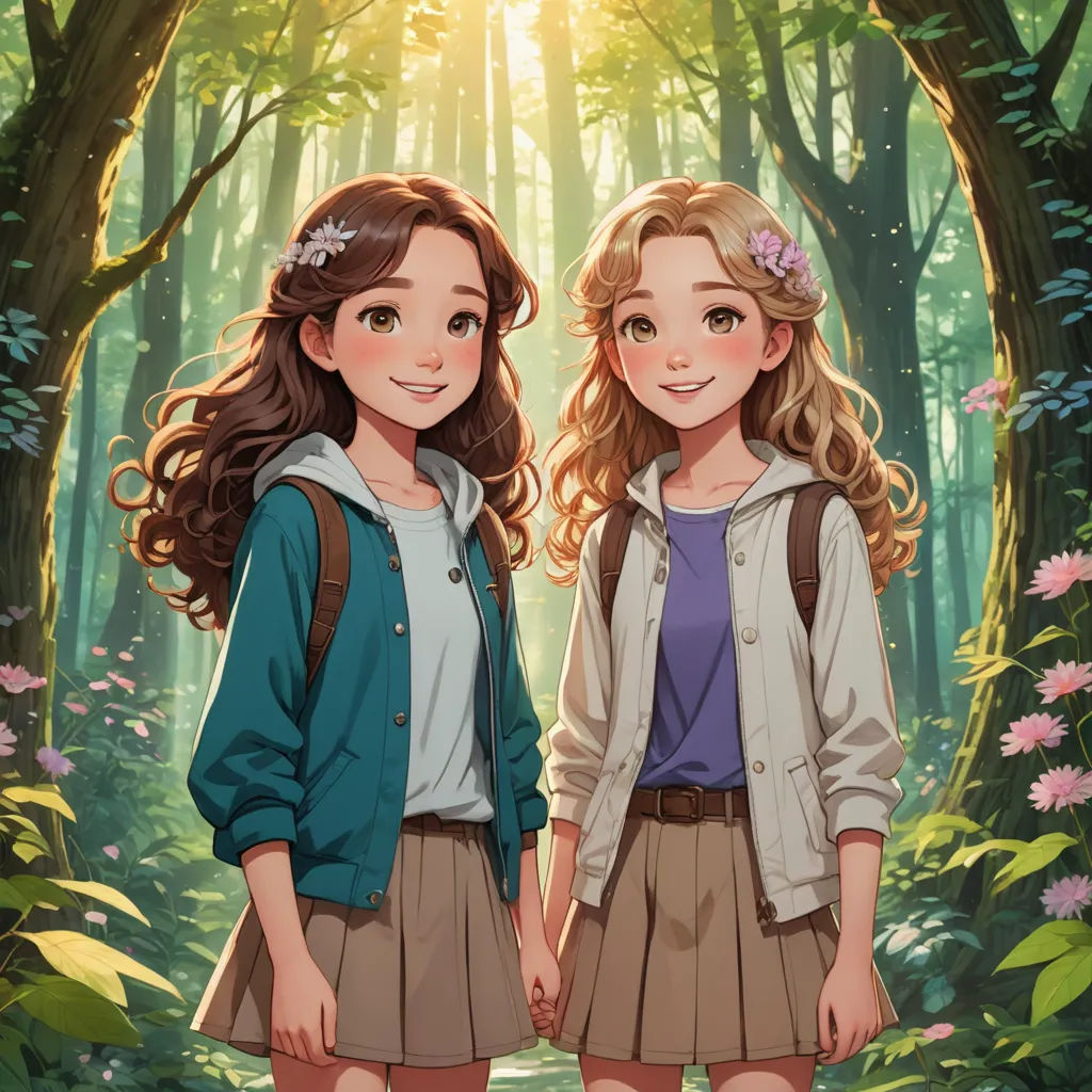 two girls standing in a forest with flowers on their head and a forest background with flowers on their head, fantasy art, a storybook illustration, Artgerm, official art
