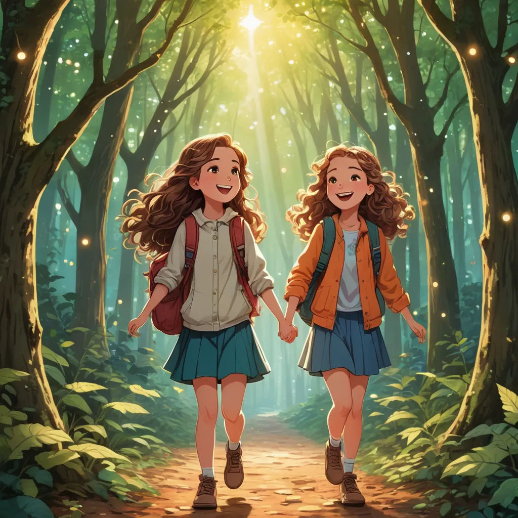 two girls walking through a forest holding hands and smiling at the camera with a bright light shining through the trees, rayonism, a storybook illustration, Diego Gisbert Llorens, official art