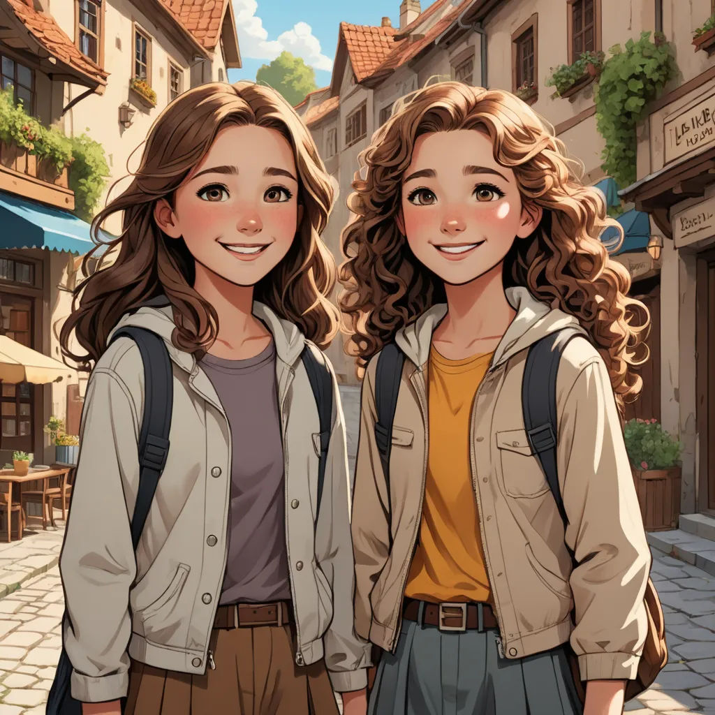 two young women standing next to each other on a street with buildings in the background and a blue sky, aestheticism, a comic book panel, disney, official art