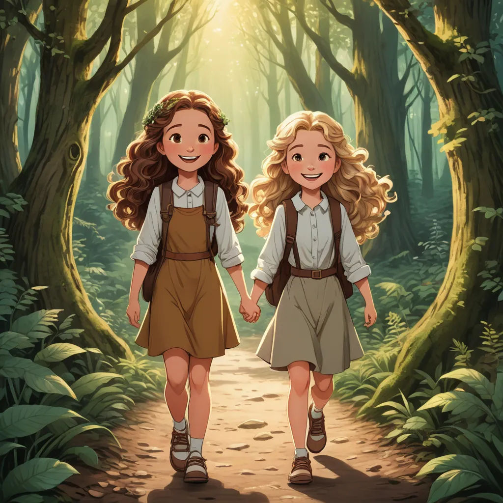 two girls walking down a path in a forest holding hands and smiling at the camera with the sun shining through the trees, neo-romanticism, a storybook illustration, Anne Said, official art