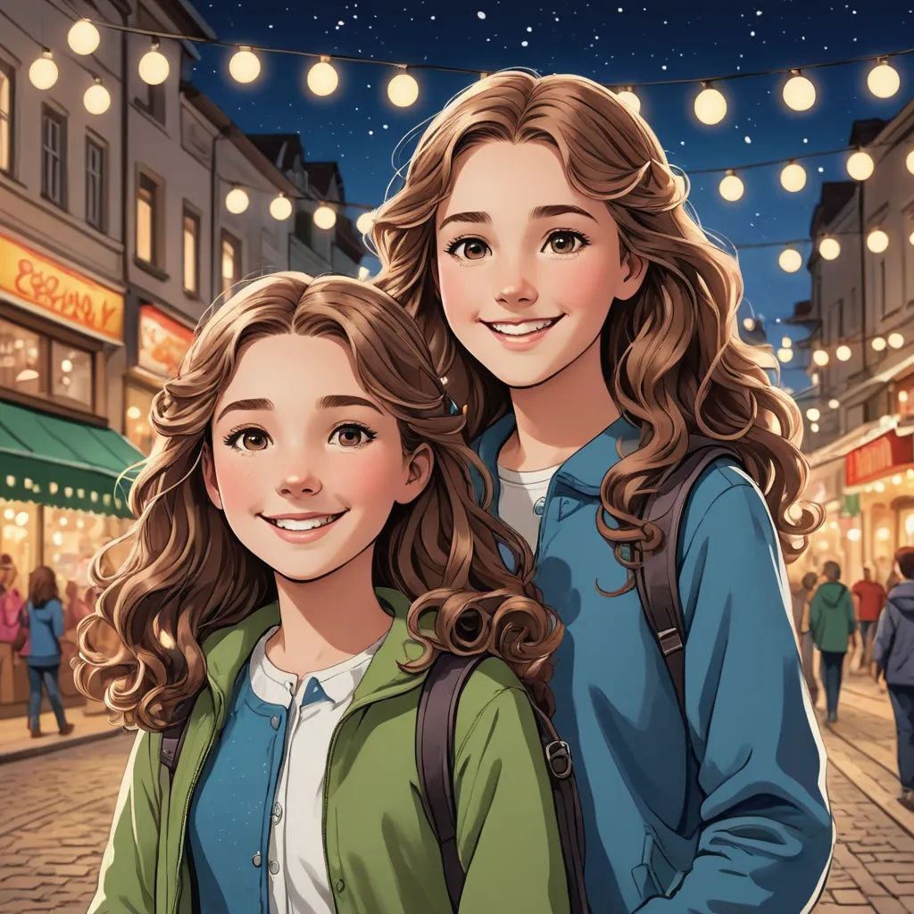 a couple of people standing next to each other on a street at night with lights strung from the buildings, aestheticism, a storybook illustration, disney, official art