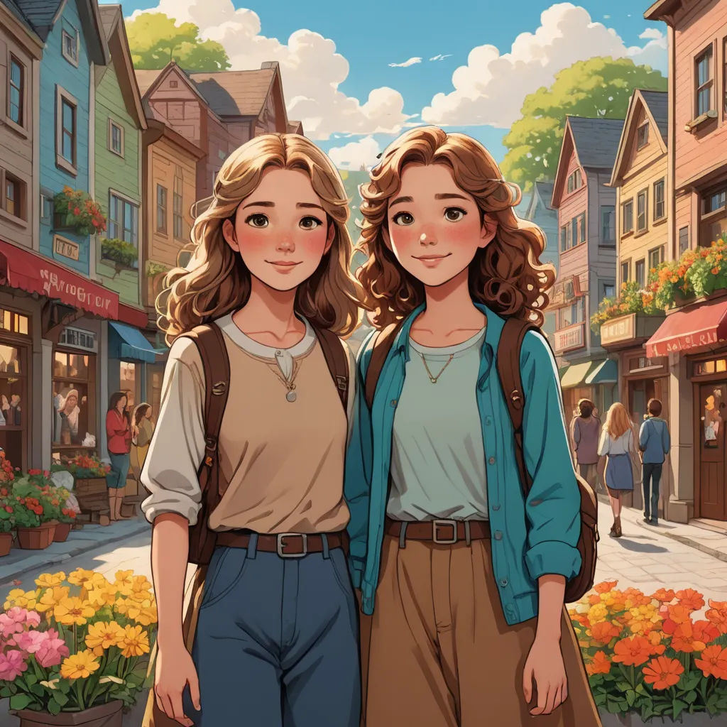 two young women standing next to each other in front of a flower shop and a street with flowers in the background, aestheticism, a storybook illustration, disney, trending on art station