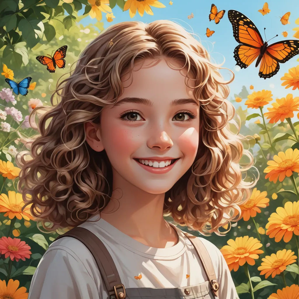 a painting of a girl with a butterfly on her shoulder and a field of flowers in the background with a butterfly flying overhead, photorealism, a detailed painting, Constance Gordon-Cumming, highly detailed digital painting