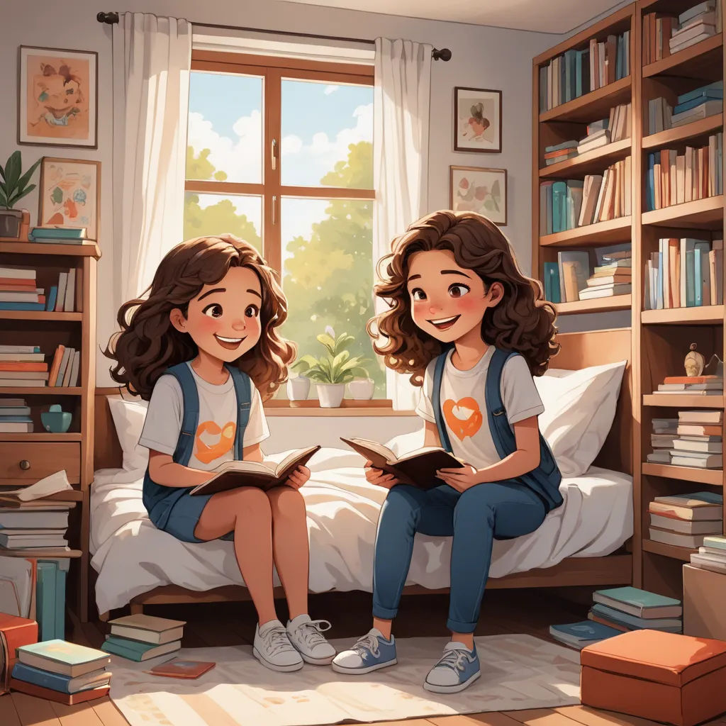 two girls sitting on a bed reading books together in a bedroom with a window and bookshelves behind them, figurativism, a storybook illustration, Cyril Rolando, storybook illustration