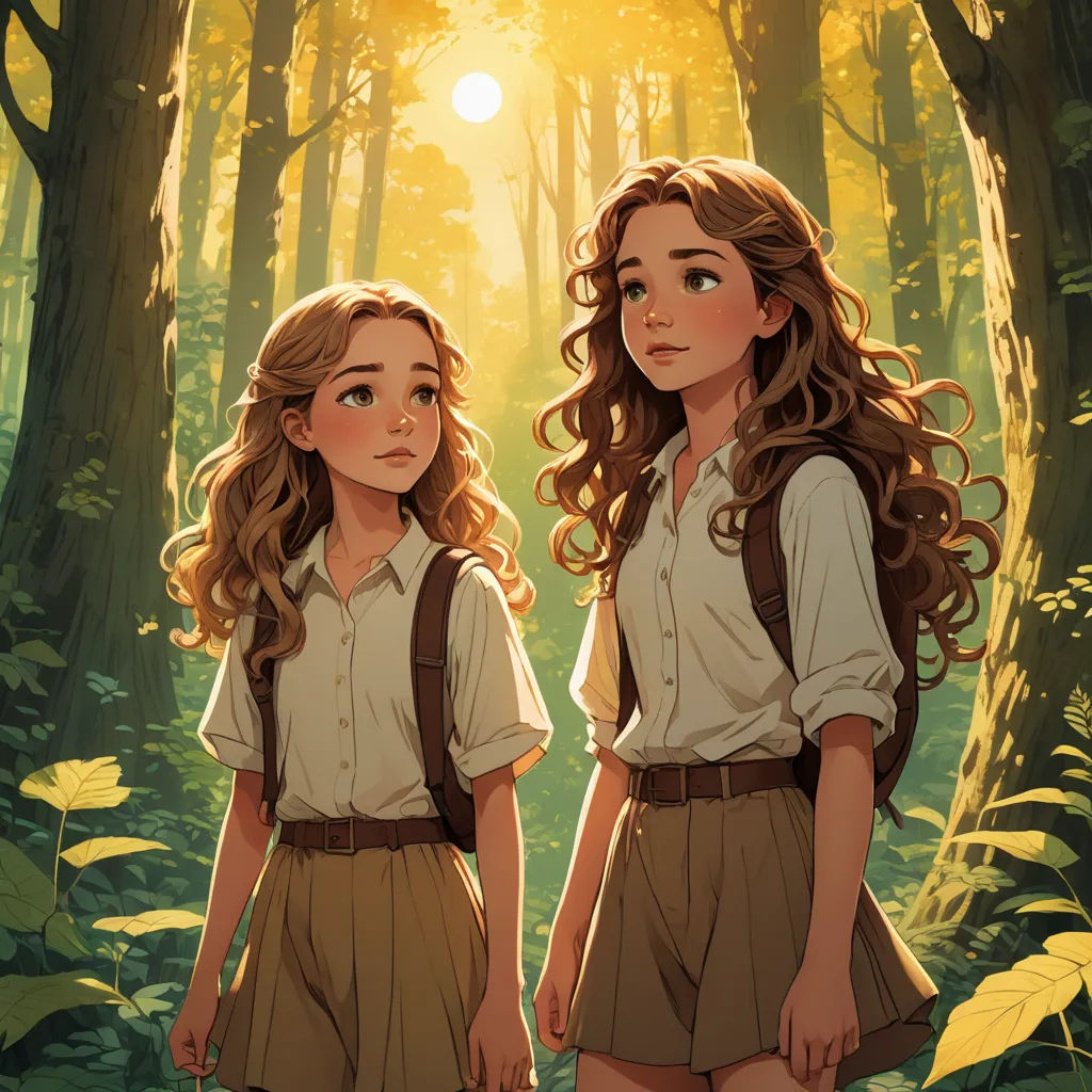 two girls standing in a forest with the sun shining through the trees behind them, with long hair and a backpack on, serial art, a storybook illustration, Brothers Hildebrandt, cushart krenz