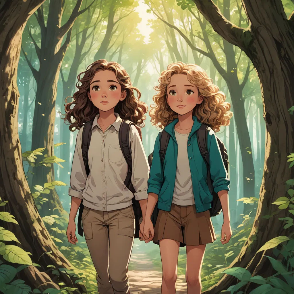 two young girls walking through a forest holding hands and looking at the camera with a backpack on their shoulders, magical realism, a storybook illustration, Cliff Childs, cushart krenz