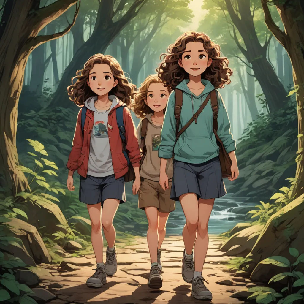 two girls walking down a path in the woods with backpacks on their shoulders and a backpack on their shoulder, serial art, a storybook illustration, Cyril Rolando, cushart krenz