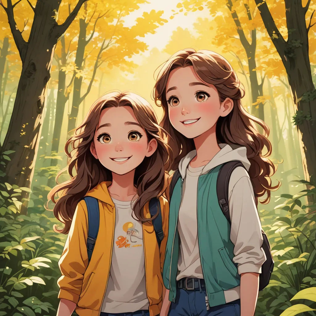 two young girls standing in a forest with trees and leaves in the background, one of them is wearing a backpack, serial art, a storybook illustration, Chen Lin, official art