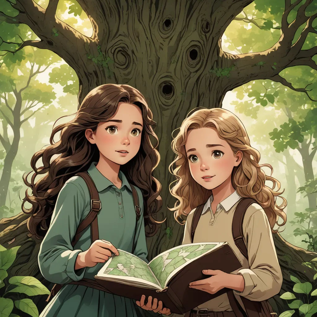 two girls standing in front of a tree with a map in their hands and a book in their hand, fantasy art, a storybook illustration, Clarice Beckett, storybook illustration