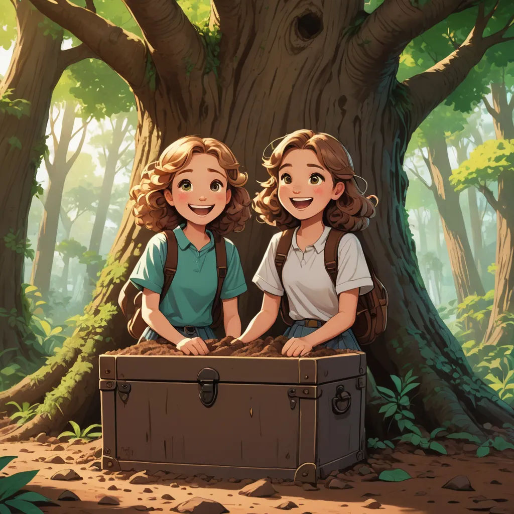 two girls standing next to a trunk in the woods with a tree behind them and a bird in the sky, serial art, a storybook illustration, Diego Gisbert Llorens, cushart krenz