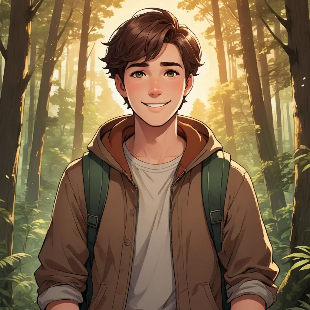 a boy in a forest with a backpack on his back and a smile on his face, with trees in the background, sots art, a character portrait, Cedric Seaut (Keos Masons), official art