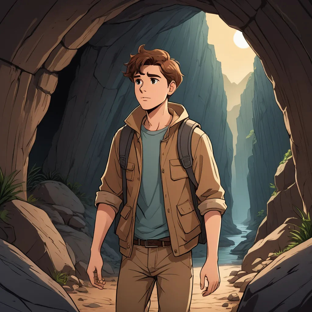 a man standing in a cave with a backpack on his back and a backpack on his shoulder, looking at the camera, sots art, concept art, Cliff Childs, rossdraws global illumination