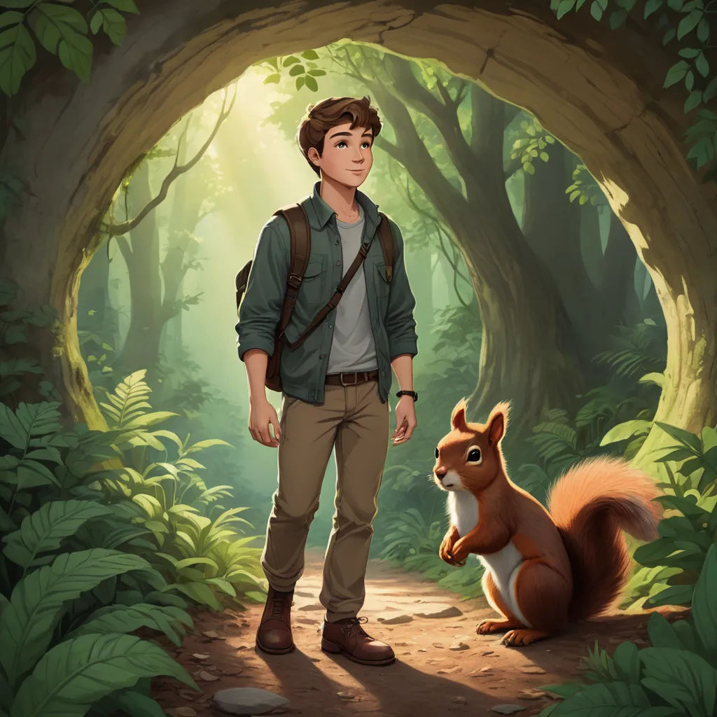 a man standing in a forest next to a squirrel and a forest tunnel with trees and leaves on it, sots art, a character portrait, Cedric Seaut (Keos Masons), official art