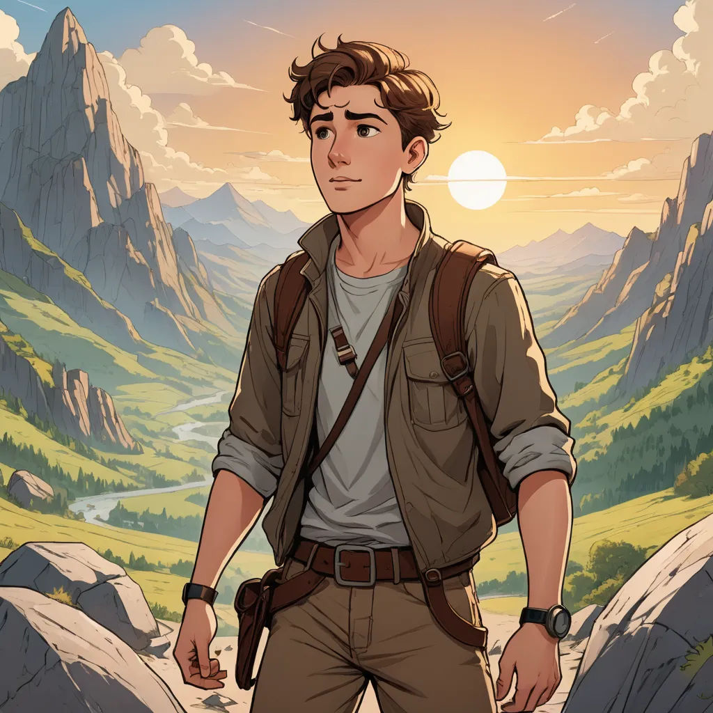 a man standing in front of a mountain with a backpack on his back and a sunset in the background, sots art, a character portrait, Cedric Seaut (Keos Masons), rossdraws global illumination