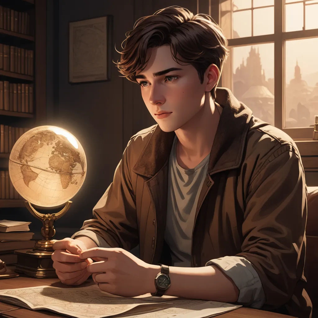 a man sitting at a desk with a globe and a book in front of him on a desk with a lamp, sots art, a character portrait, Cedric Seaut (Keos Masons), rossdraws global illumination