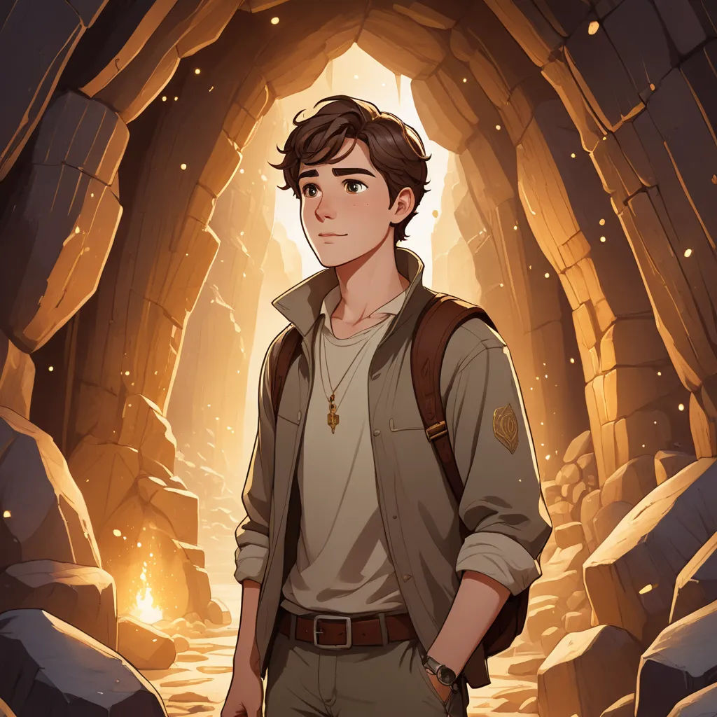 a boy standing in a cave with a backpack on his back and a light coming from behind him in the background, sots art, a character portrait, Cedric Seaut (Keos Masons), rossdraws global illumination