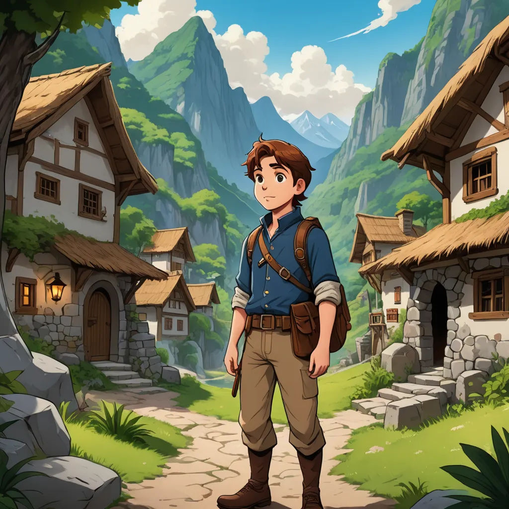 a boy standing in front of a village with mountains in the background and a mountain range in the background, fantasy art, concept art, Cedric Seaut (Keos Masons), 2 d game art