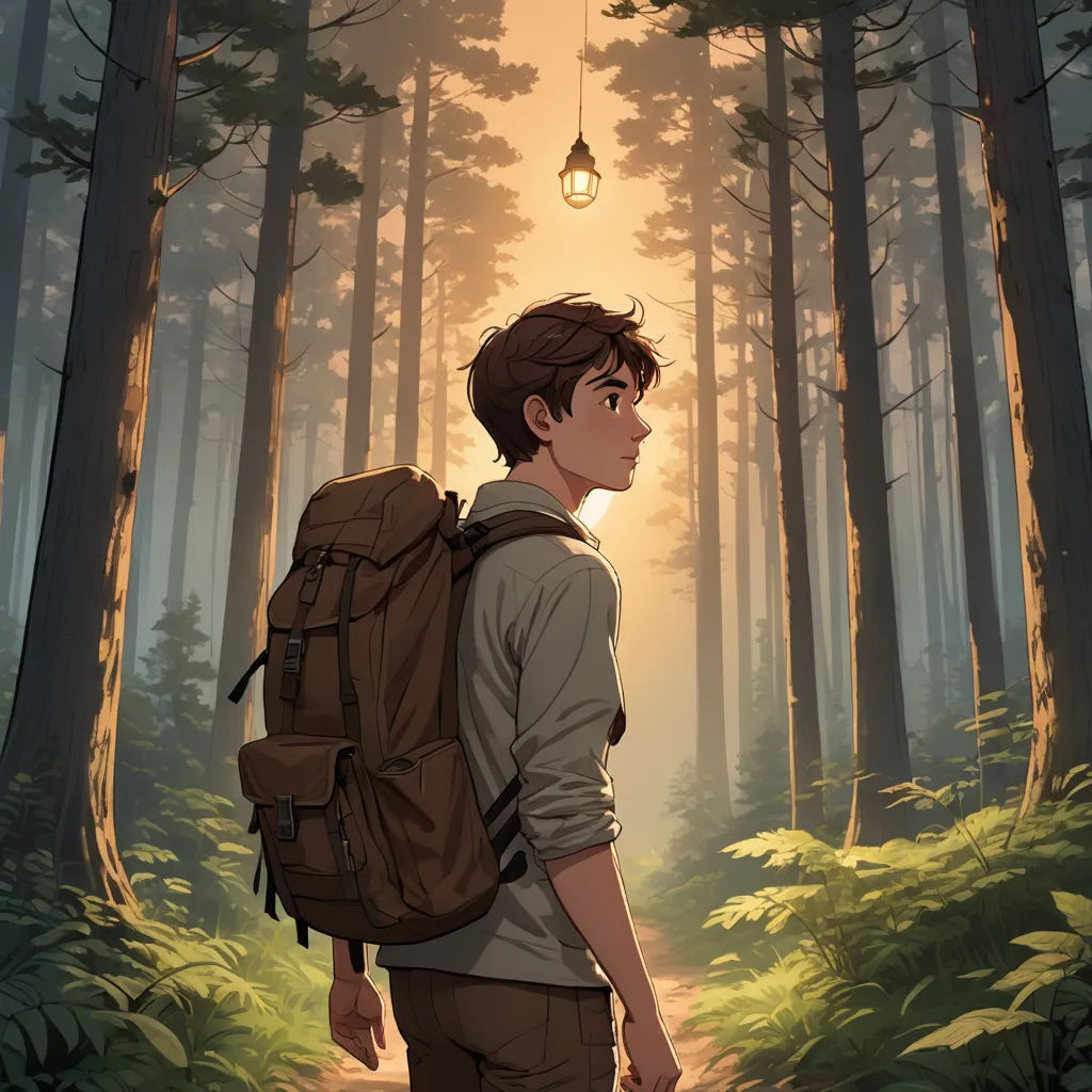 a boy with a backpack is walking through the woods at night with a light bulb hanging from the ceiling, fantasy art, a character portrait, Cedric Seaut (Keos Masons), rossdraws global illumination