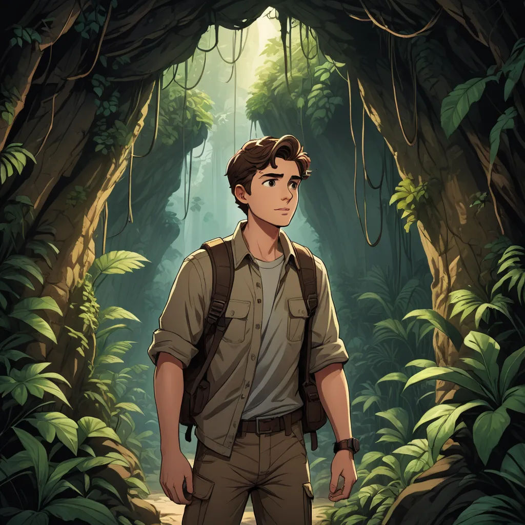a man standing in a forest with a backpack on his back and a jungle background with trees and plants, serial art, poster art, Cedric Seaut (Keos Masons), rossdraws global illumination