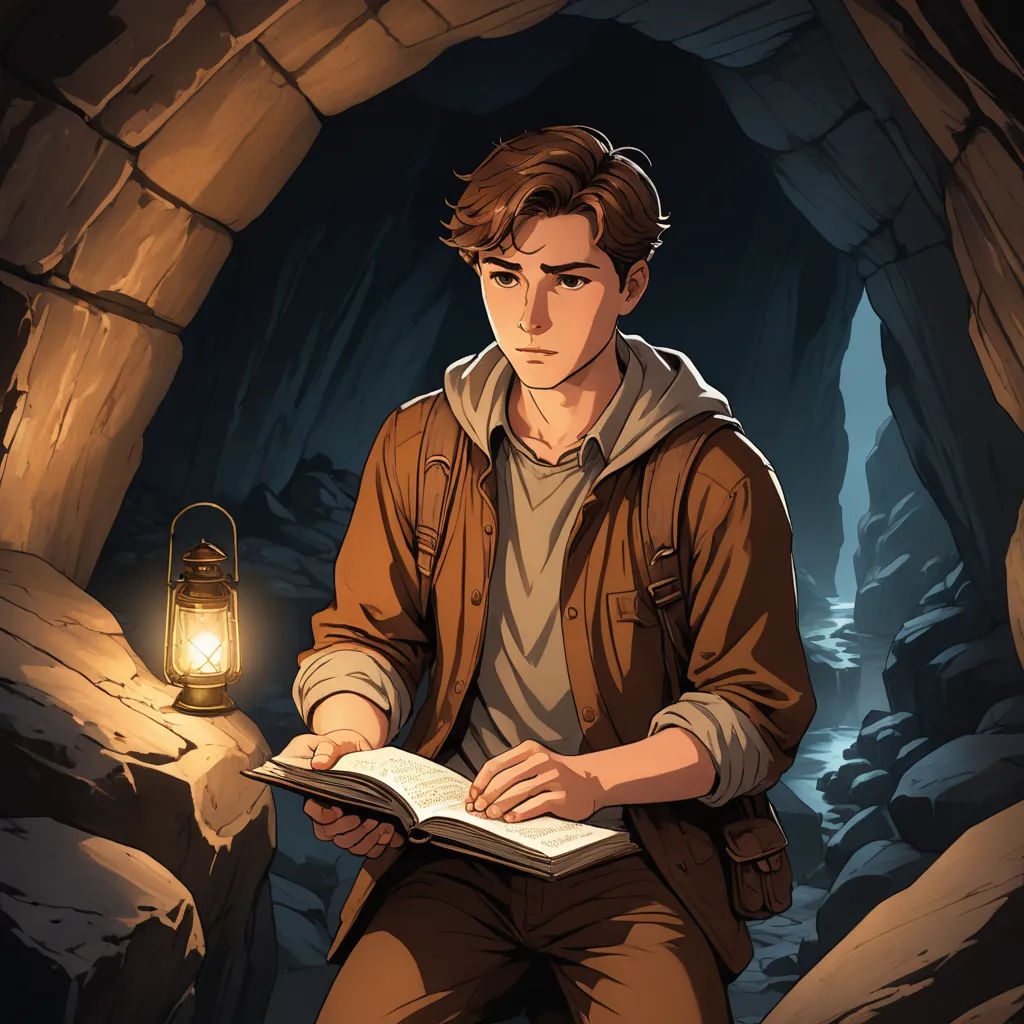 a man sitting in a cave reading a book with a lantern on his lap and a lantern lit up in the background, sots art, a character portrait, Cedric Seaut (Keos Masons), official art