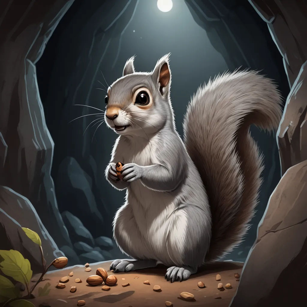 a squirrel is standing on a rock in a cave with nuts on the ground and a light shining on the ground, altermodern, a character portrait, Chris LaBrooy, official art