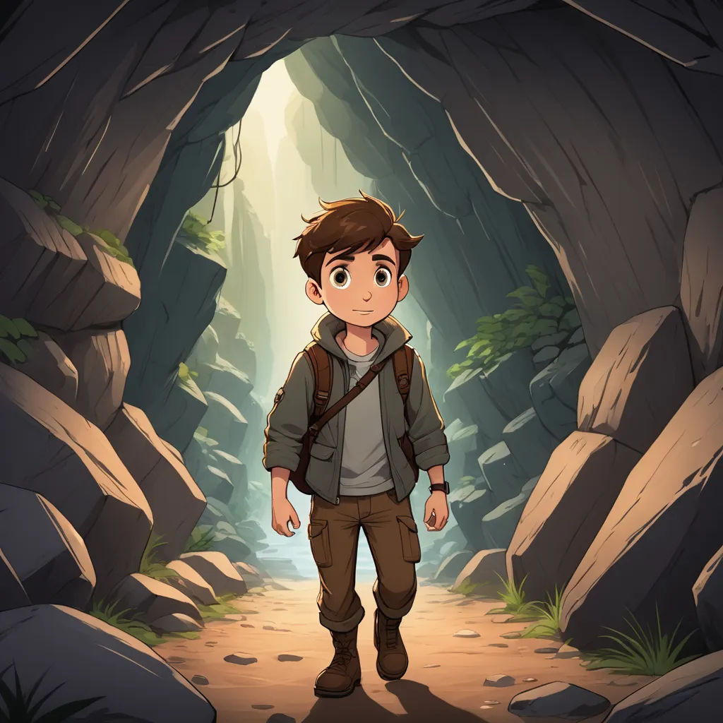 a boy walking through a cave with a backpack on his back and a backpack on his shoulder, in front of a rock formation, sots art, concept art, Cliff Childs, 2 d game art