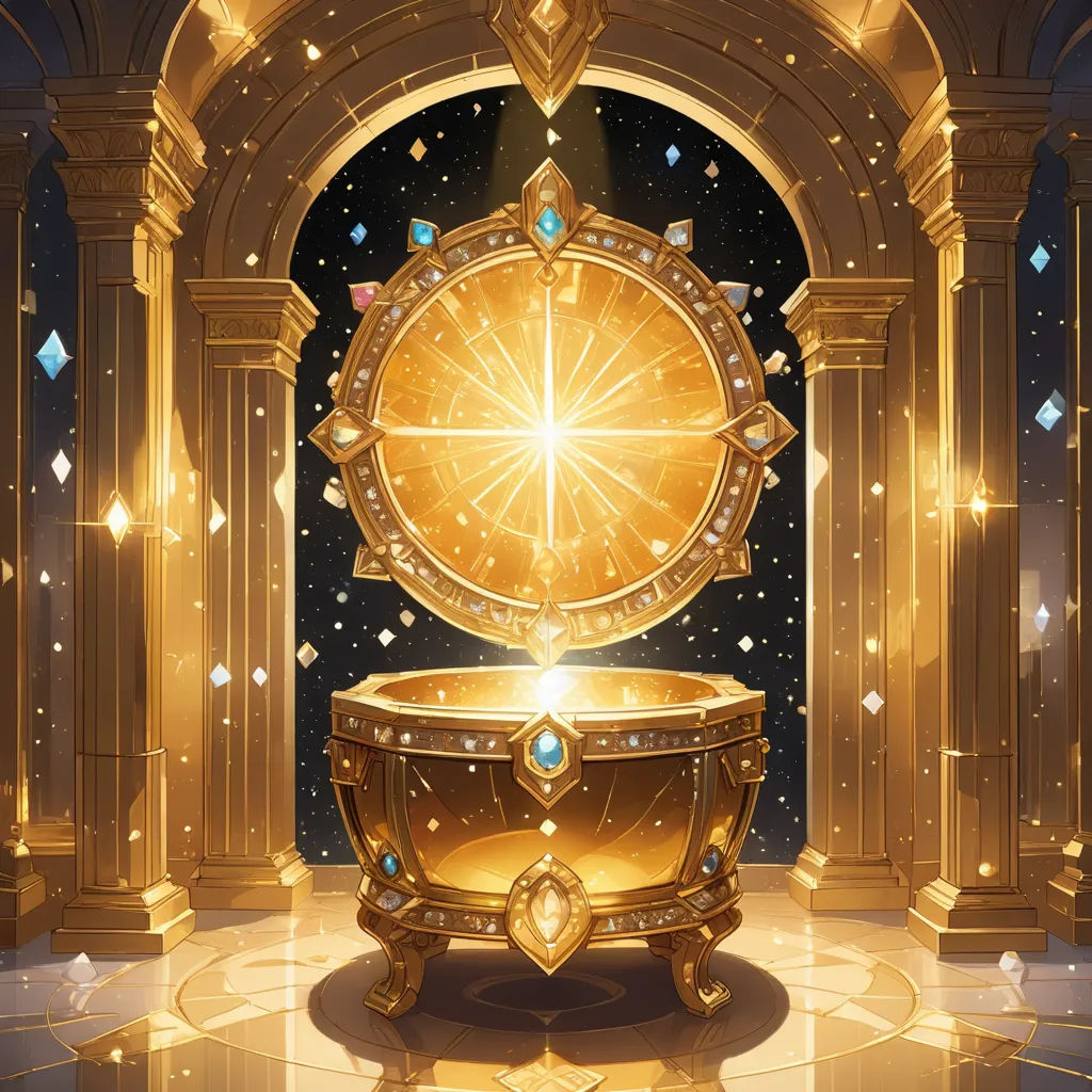 a golden chest with a star in the center of it and a doorway leading into it with a star in the center, fantasy art, concept art, Christophe Vacher, rossdraws global illumination