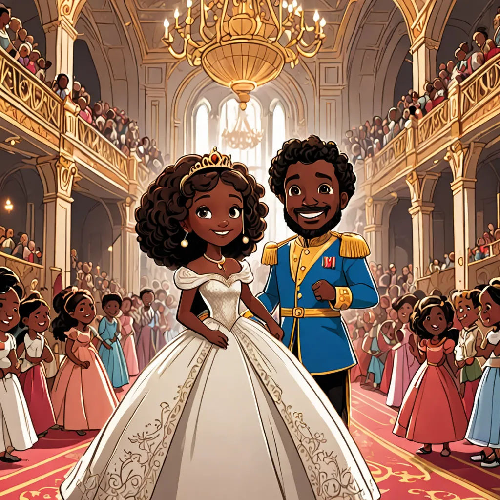 a cartoon of a man and woman in wedding dresses standing in front of a crowd of people in formal dress, afrofuturism, a storybook illustration, Chinwe Chukwuogo-Roy, official art