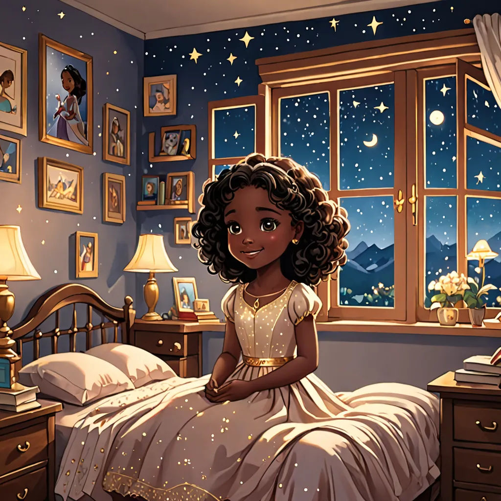a cartoon girl sitting on a bed in a bedroom with a window and a night sky outside the window, harlem renaissance, a storybook illustration, Cliff Childs, storybook illustration