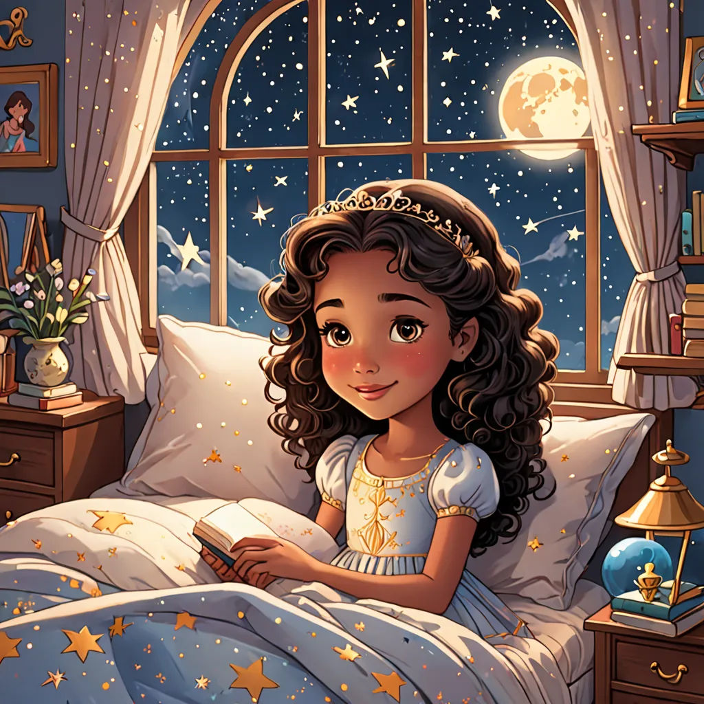 a little girl is reading a book in bed at night with the moon shining through the window and stars on the bed, fantasy art, a storybook illustration, Cliff Childs, storybook illustration