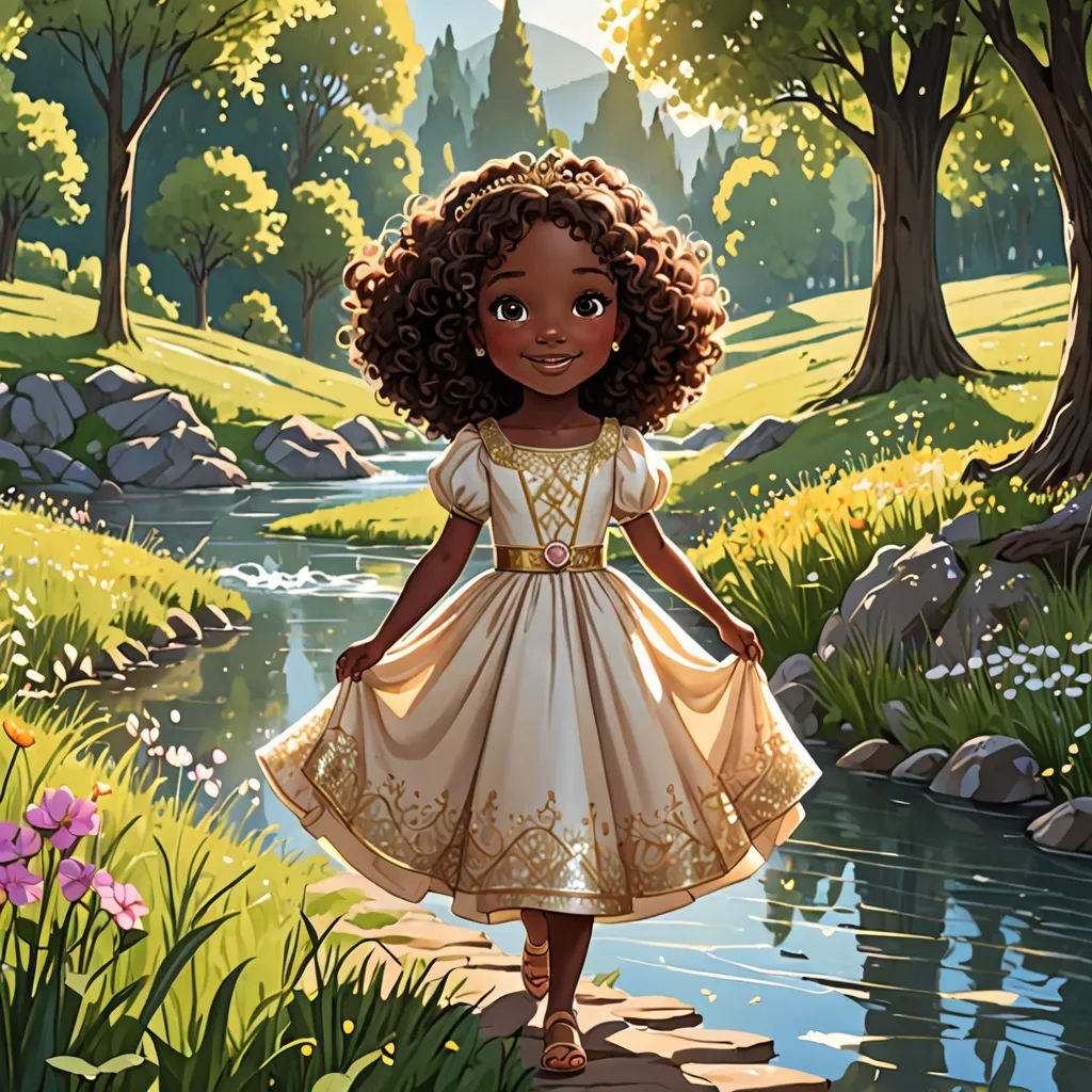a little girl in a dress walking across a river in a forest with flowers and trees around her,, fantasy art, a storybook illustration, Cliff Childs, storybook illustration