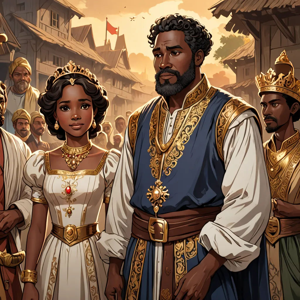 a man and woman standing next to each other in front of a crowd of people wearing costumes and crowns, harlem renaissance, concept art, Chinwe Chukwuogo-Roy, official art