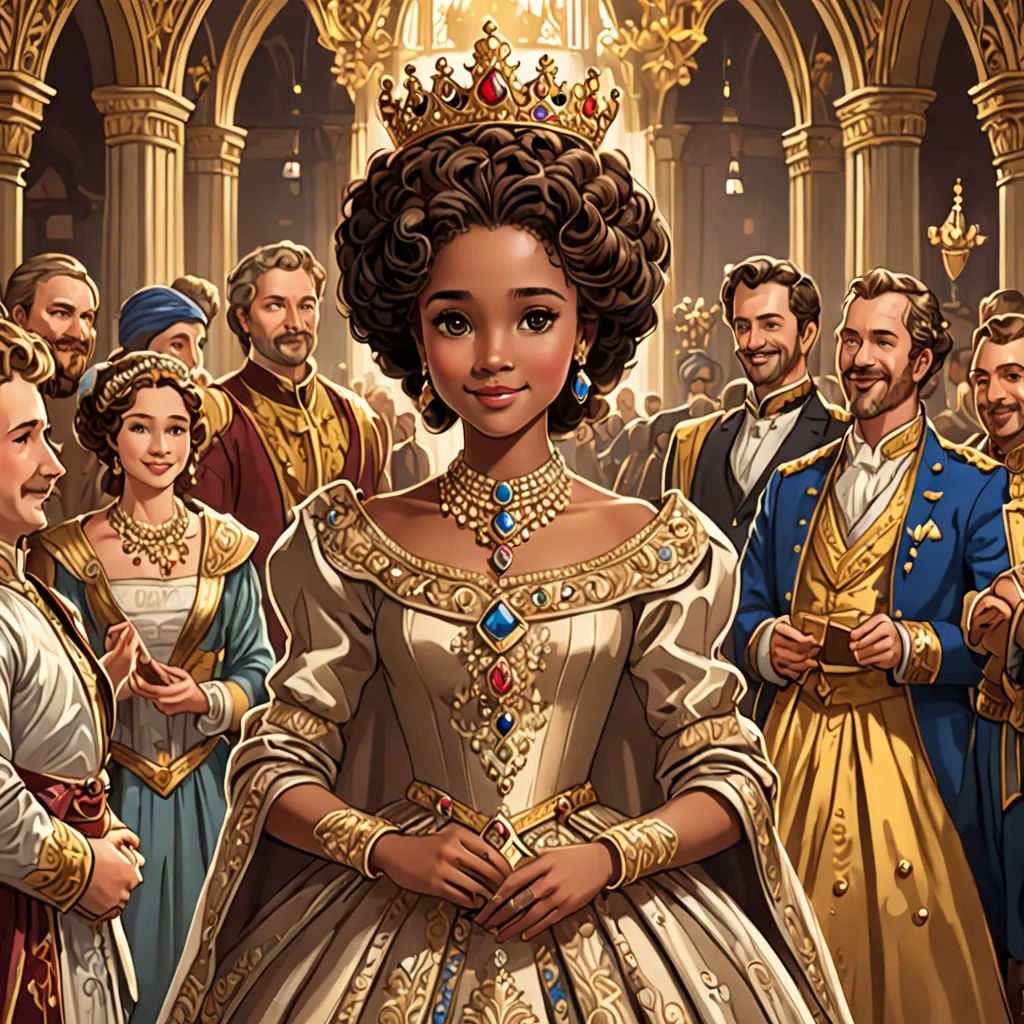a cartoon of a woman in a dress surrounded by other people in renaissance dress and tiaras, standing in a hall, fantasy art, a storybook illustration, Chris LaBrooy, kinkade