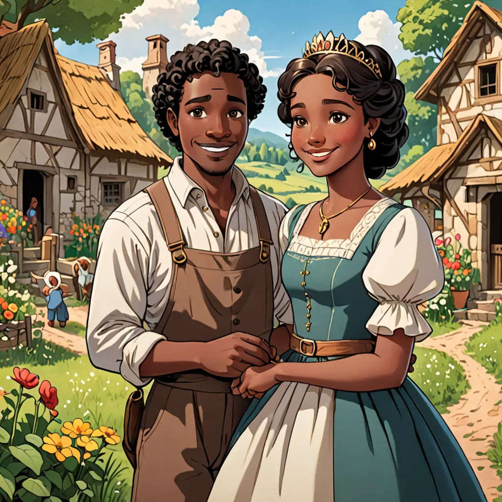 a man and woman in a cartoon scene with a village in the background and a man in a dress, fantasy art, a storybook illustration, Anne Said, official art
