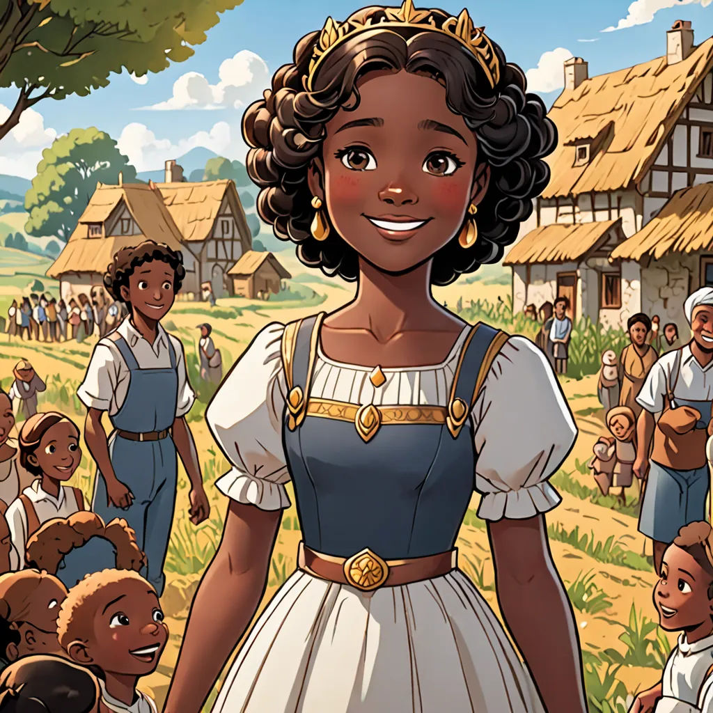 a cartoon of a woman in a dress standing in front of a crowd of children in a village with a straw roofed building, harlem renaissance, a storybook illustration, Cedric Seaut (Keos Masons), official art