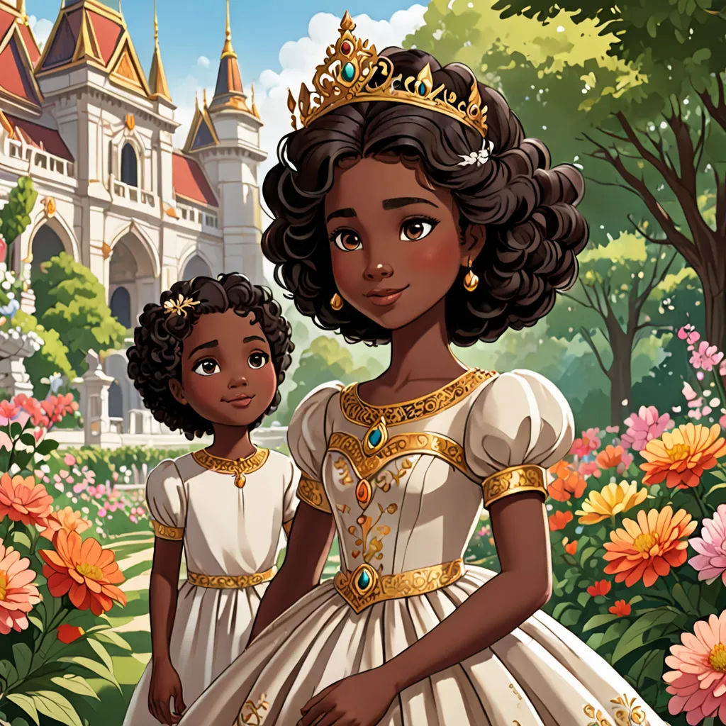 a cartoon of a princess and a princess in a garden with flowers and a castle in the background with a little girl in the foreground, fantasy art, concept art, disney, official art
