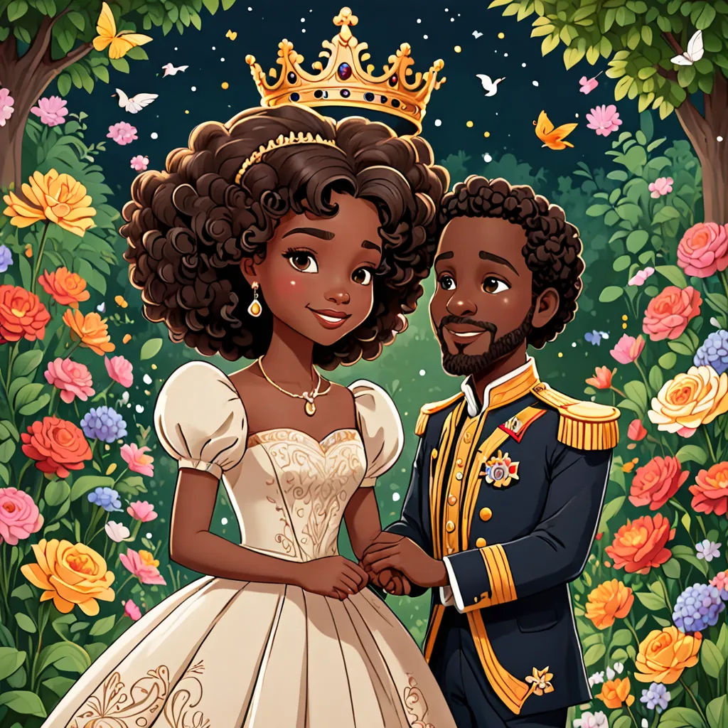 a cartoon of a man and woman dressed in wedding attire standing in a garden with flowers and trees and a butterfly, sots art, a storybook illustration, Chinwe Chukwuogo-Roy, official art