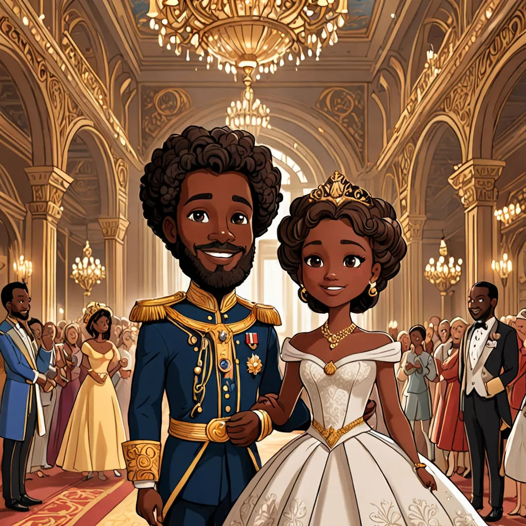 a cartoon of a couple dressed as prince and princess in a ballroom with people in the background and a chandelier, afrofuturism, concept art, Chinwe Chukwuogo-Roy, official art
