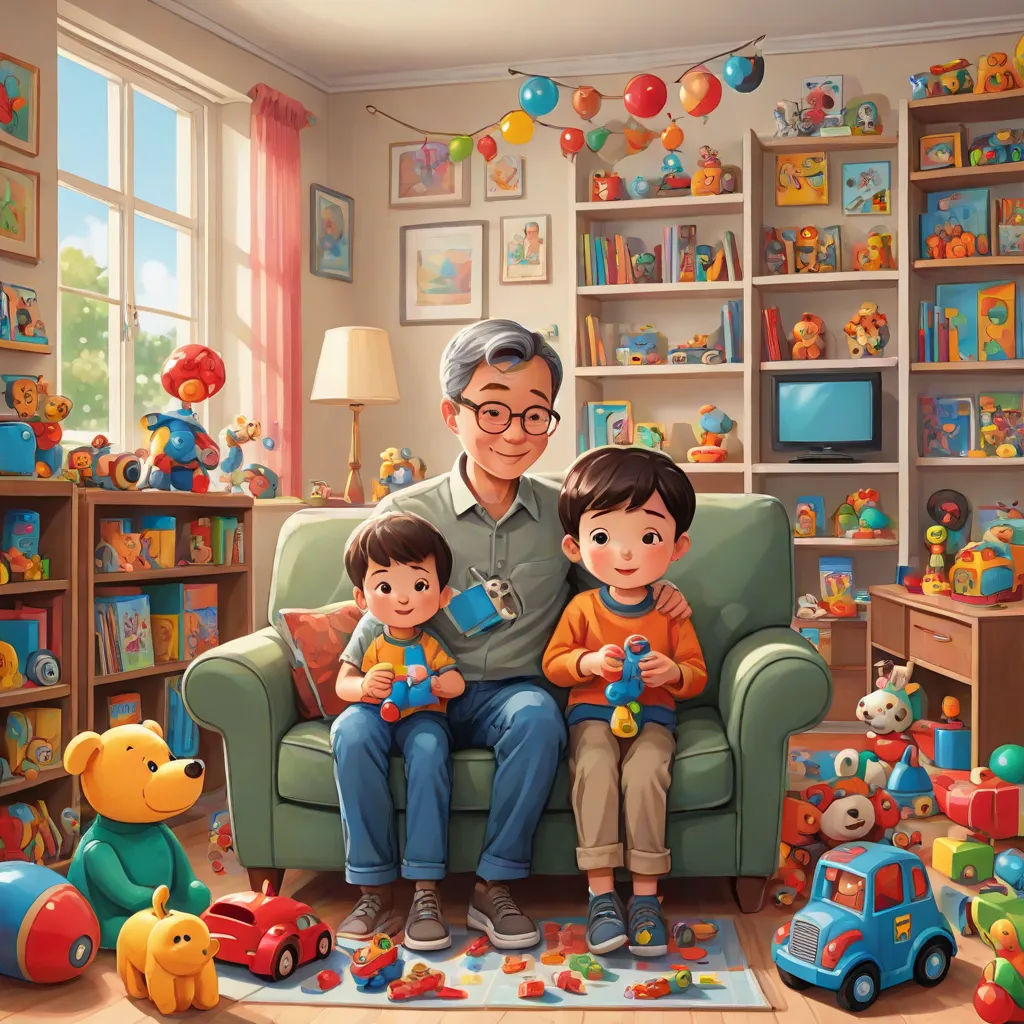 a man and two children sitting on a couch in a room full of toys and bookshelves with a teddy bear, photorealism, a storybook illustration, Chris LaBrooy, rossdraws global illumination