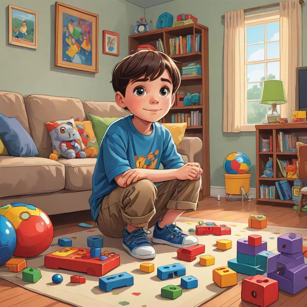 a boy is sitting on the floor playing with toys in a living room with a couch and a bookcase, american scene painting, a storybook illustration, Aaron Jasinski, rossdraws global illumination