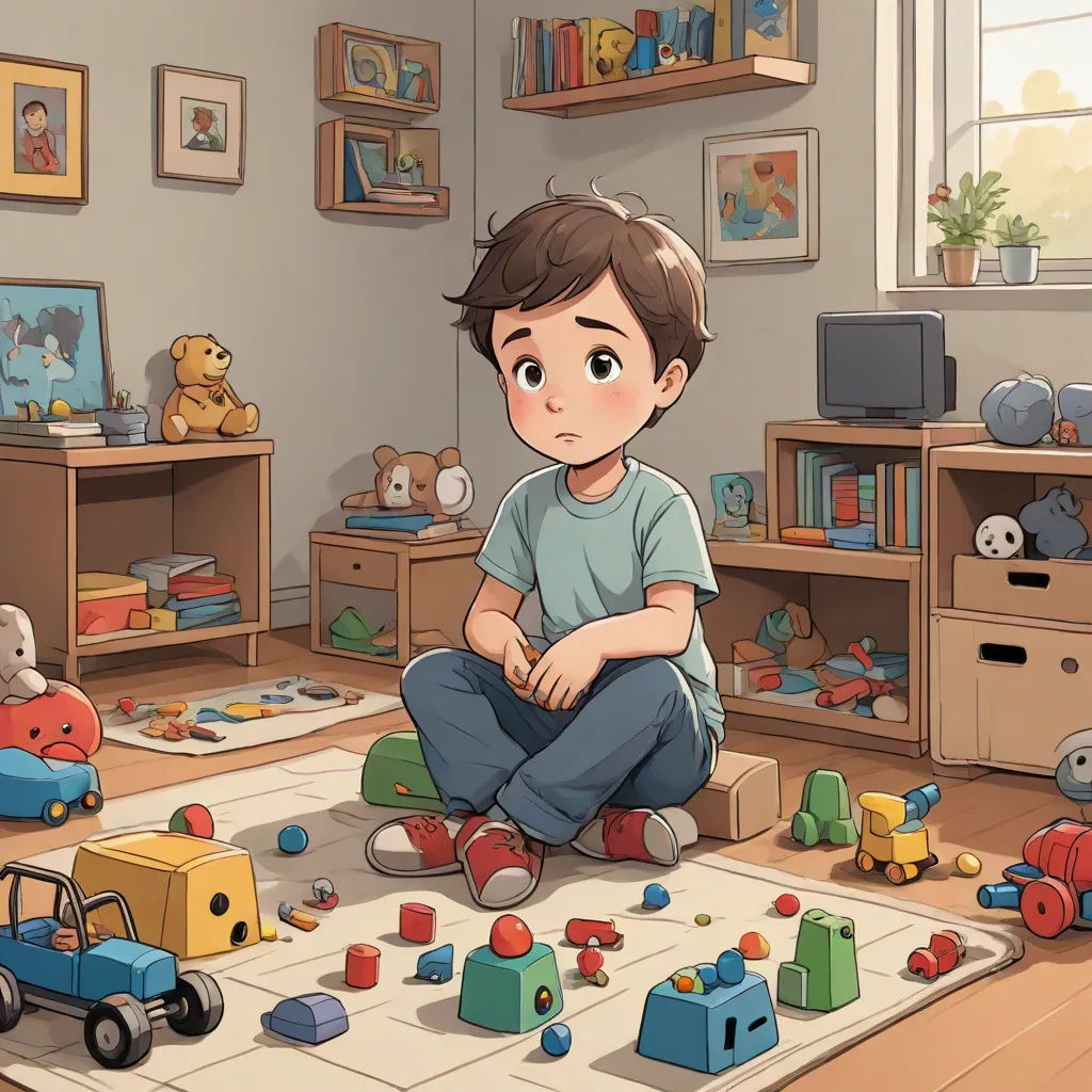 a boy sitting on the floor in a room with toys and a teddy bear on the floor in front of him, lyco art, a storybook illustration, Diego Gisbert Llorens, storybook illustration