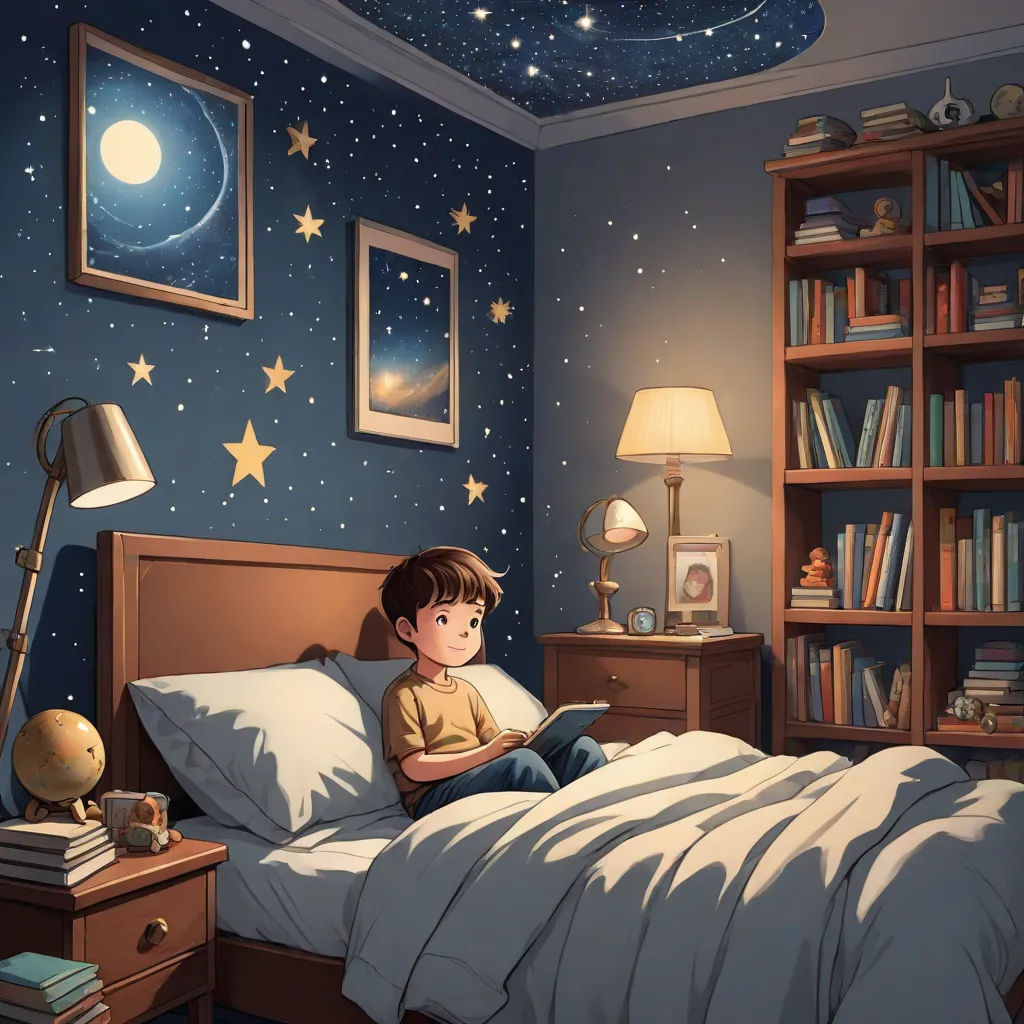 a boy is sitting on a bed reading a book in a bedroom with a star ceiling and a bookcase, space art, a storybook illustration, Cyril Rolando, dream