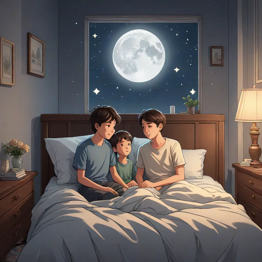 a family sitting on a bed under a full moon in a bedroom with a window and a night sky, sots art, a storybook illustration, Brothers Hildebrandt, official art