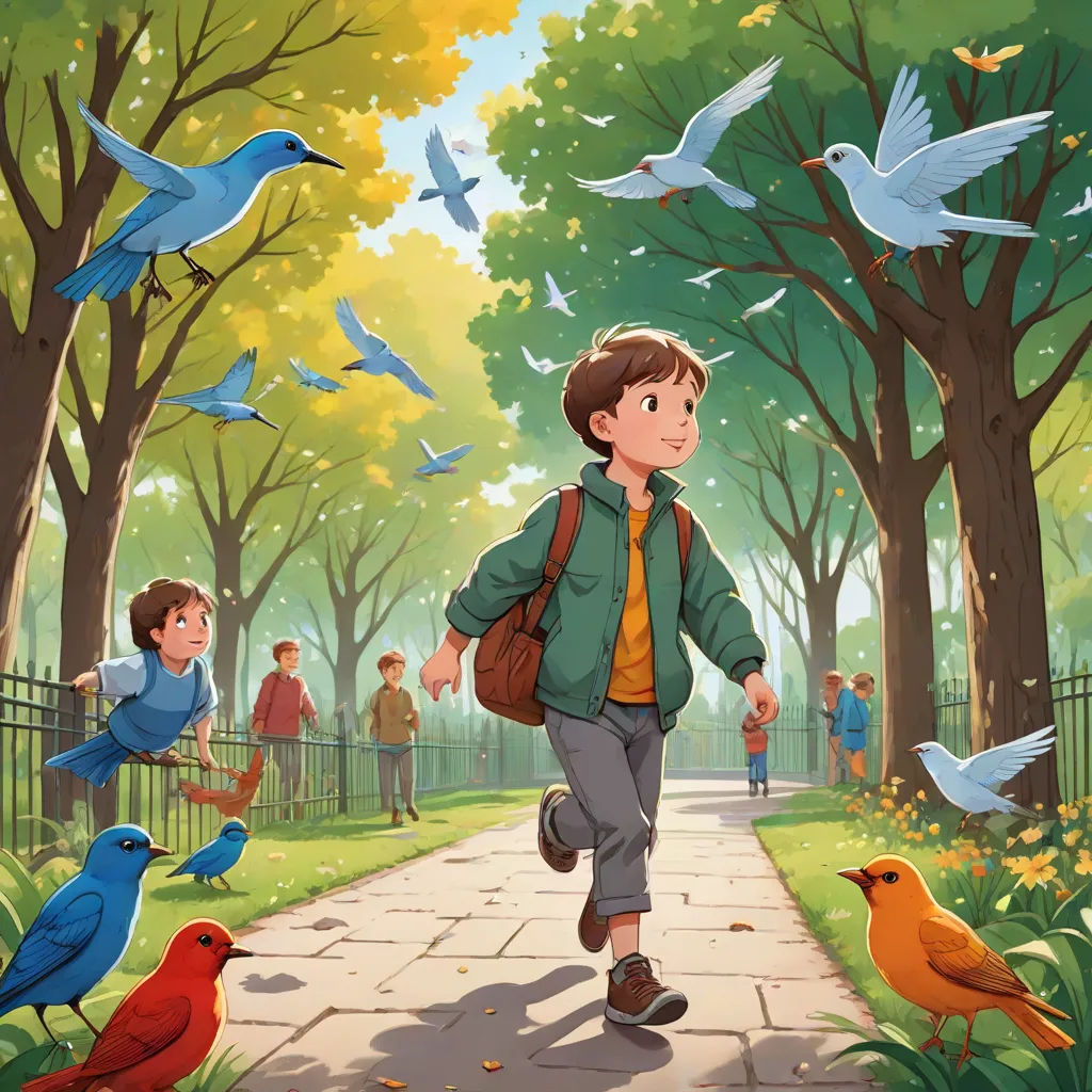 a boy walking down a path surrounded by birds and trees with a boy in the background looking at the birds, american scene painting, a storybook illustration, Aaron Jasinski, official art