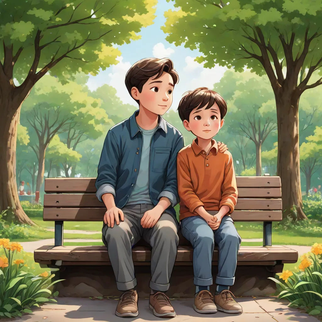 a boy and a boy sitting on a bench in a park with trees and flowers in the background, a boy is looking at the camera, american scene painting, a storybook illustration, Bian Jingzhao, official art