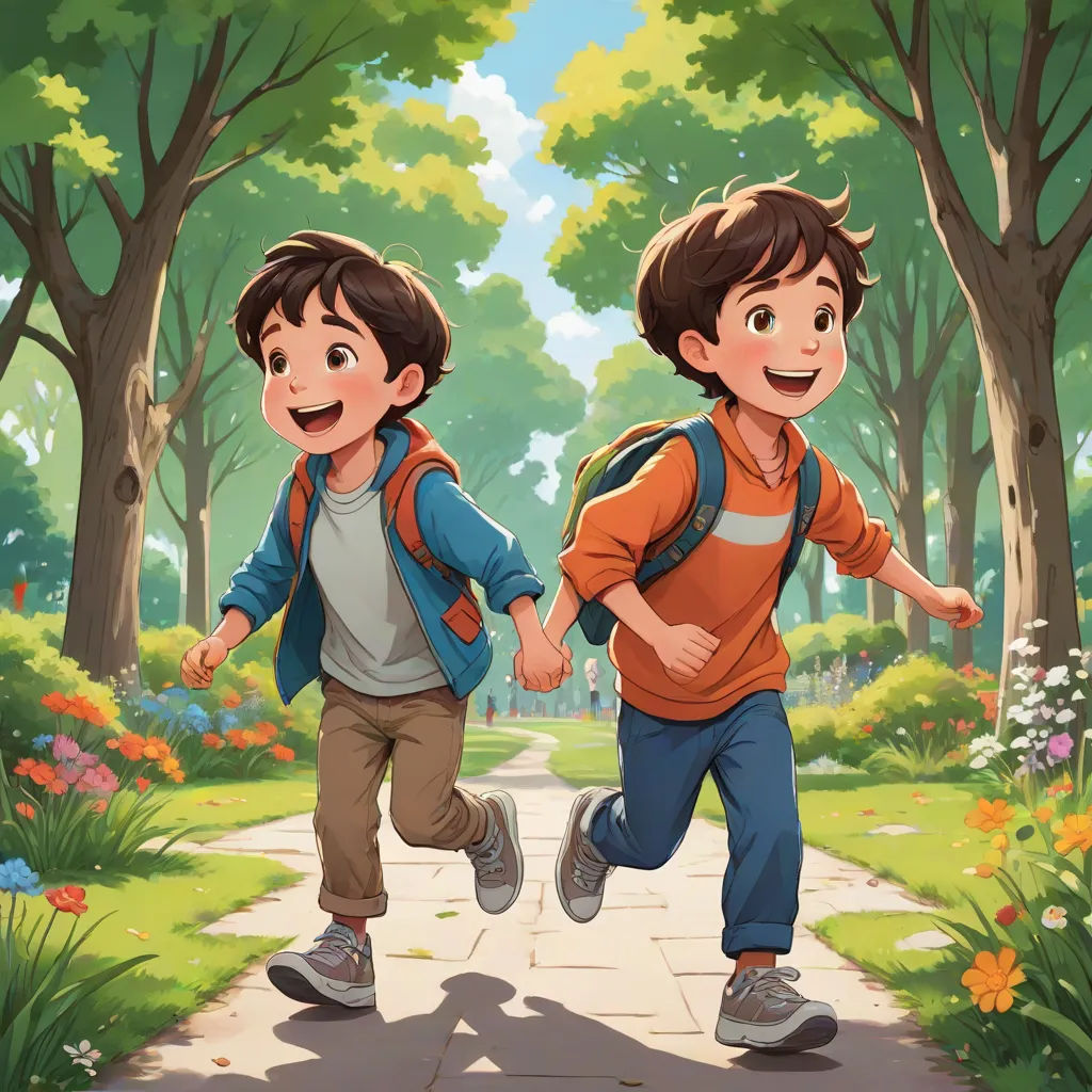 two boys running down a path in the park with trees and flowers in the background, one boy is wearing a backpack and the other boy is wearing a backpack, paris school, a storybook illustration, Brothers Hildebrandt, official art